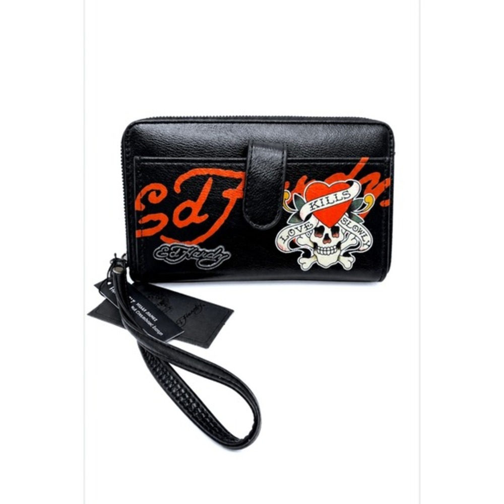 Ed Hardy Love Kills Slowly Zip Around Wristlet Wallet Black‎ Vegan Leather Skull